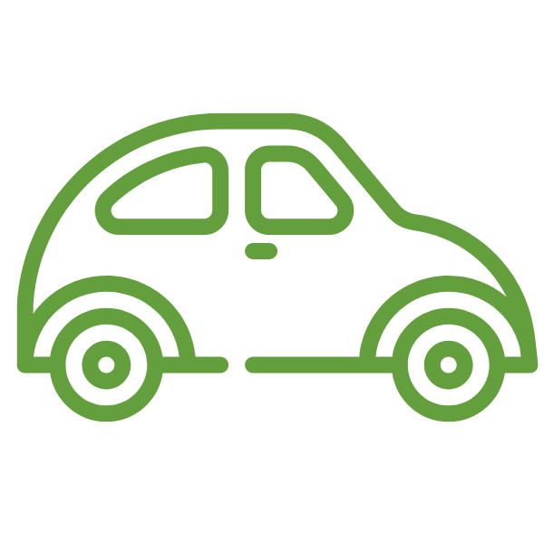A simple green line drawing of a compact car, viewed from the side, with two wheels and minimal detail.