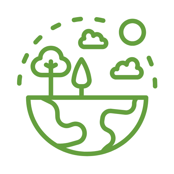 Green line art illustration of half a globe with continents, two trees, clouds, and the sun above, symbolizing nature, environment, and Earth conservation.