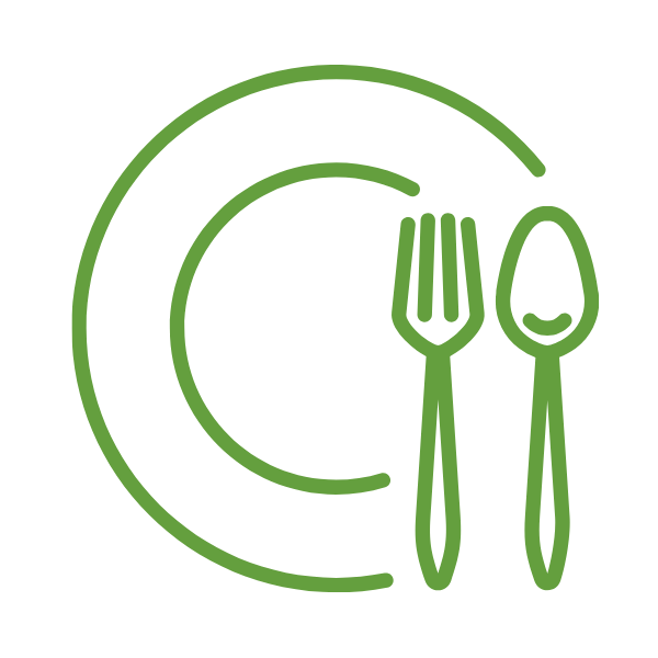 A green line drawing of a plate with a fork and spoon placed upright in front of it, symbolizing food or dining.