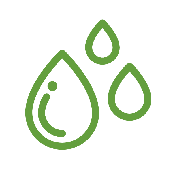 A simple green outline illustration of three water droplets, one large and two smaller, on a transparent background.