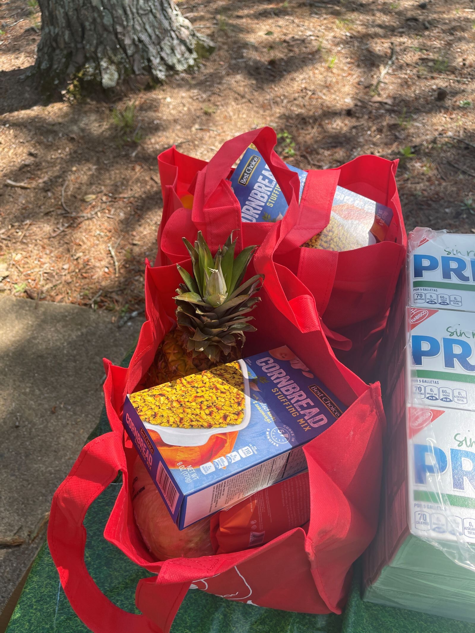 Two red reusable bags filled with groceries, including a pineapple, a cornbread mix box, and a loaf of bread, are sitting on an outdoor table next to a pack of paper towels. Trees and sunlight are visible in the background.