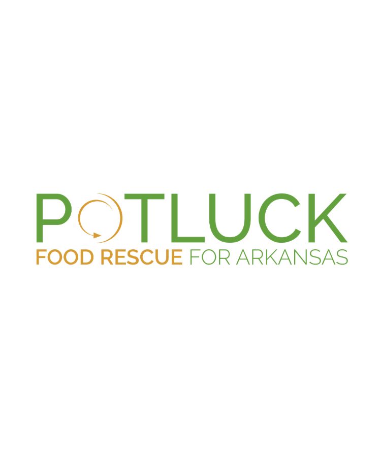 Logo for Potluck Food Rescue for Arkansas. Potluck is in large green letters, with an orange circular arrow forming the O. Food Rescue is in orange below, and For Arkansas is in green on the right.