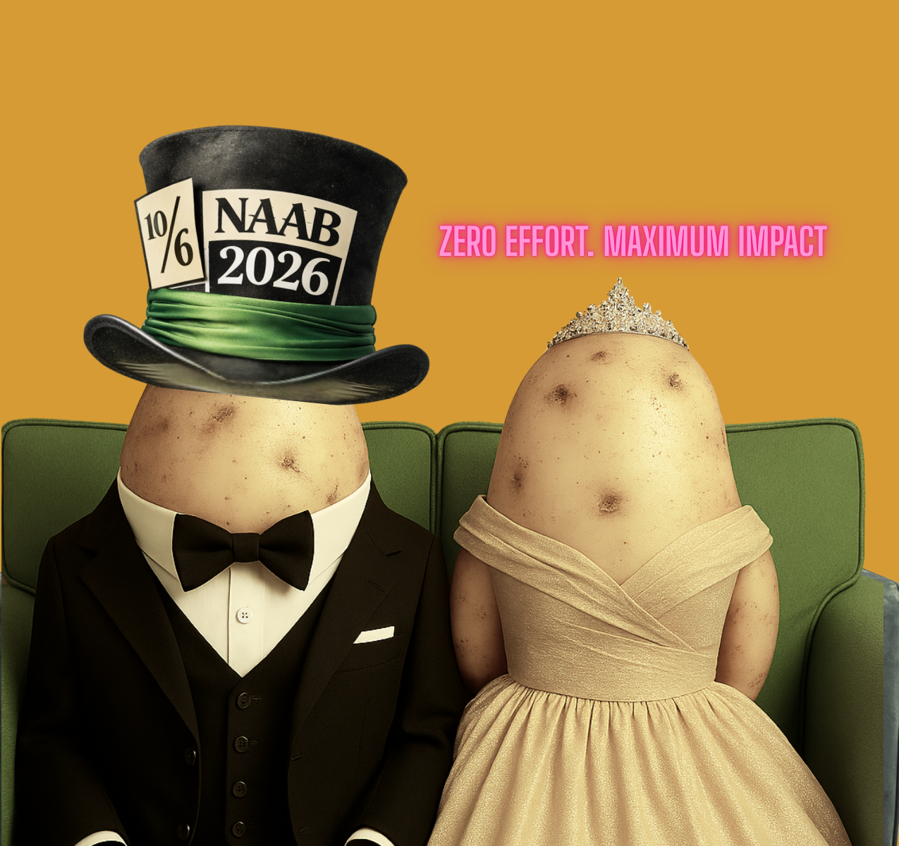 Two potatoes dressed as a couple sit on a couch; one wears a tuxedo and a top hat labeled 10/6 NAAB 2026, the other wears a tiara and gown. Pink text reads: ZERO EFFORT. MAXIMUM IMPACT. Yellow background.