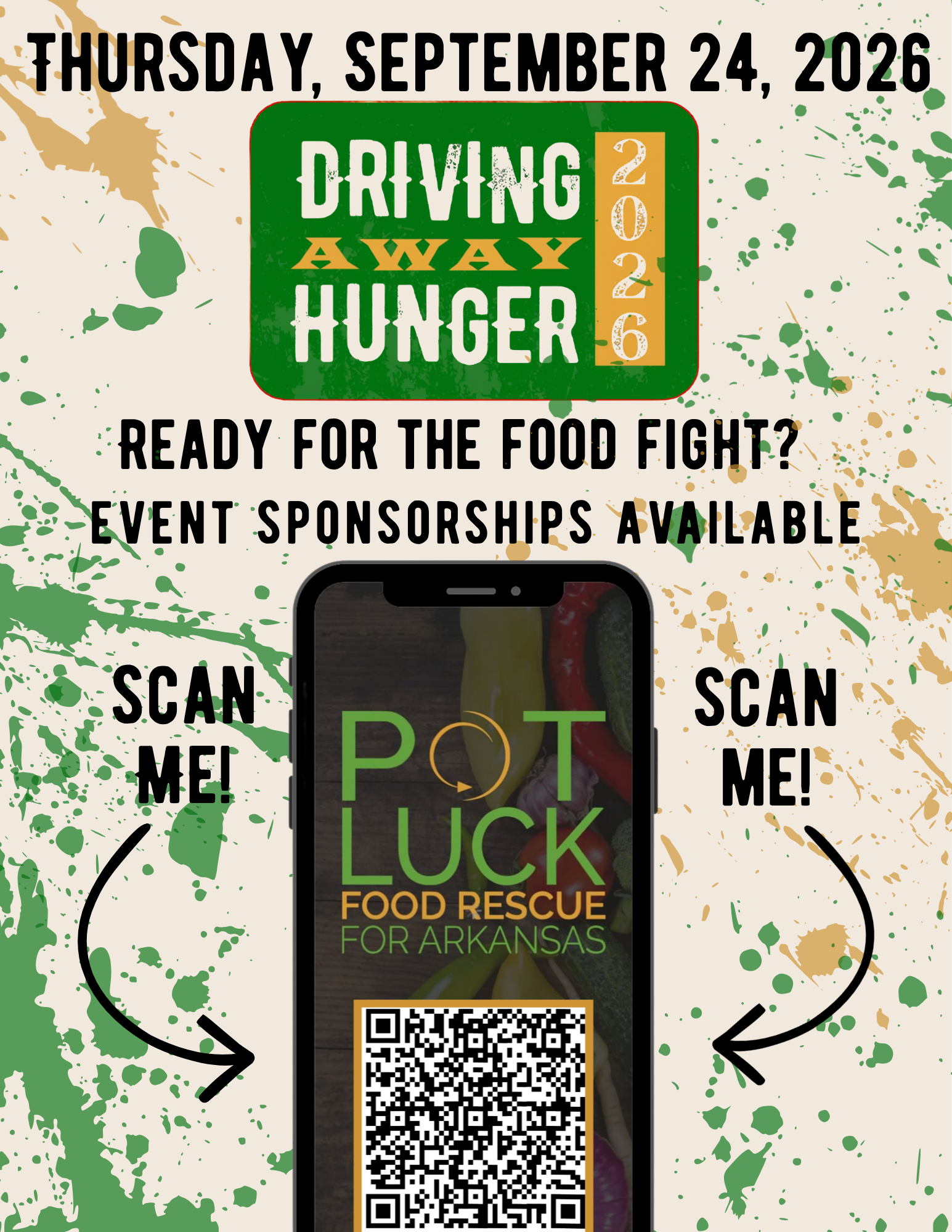 Green and orange graphic with the text Driving Away Hunger 2025. In the bottom right corner, it says Potluck Food Rescue for Arkansas with a decorative yellow pattern above.